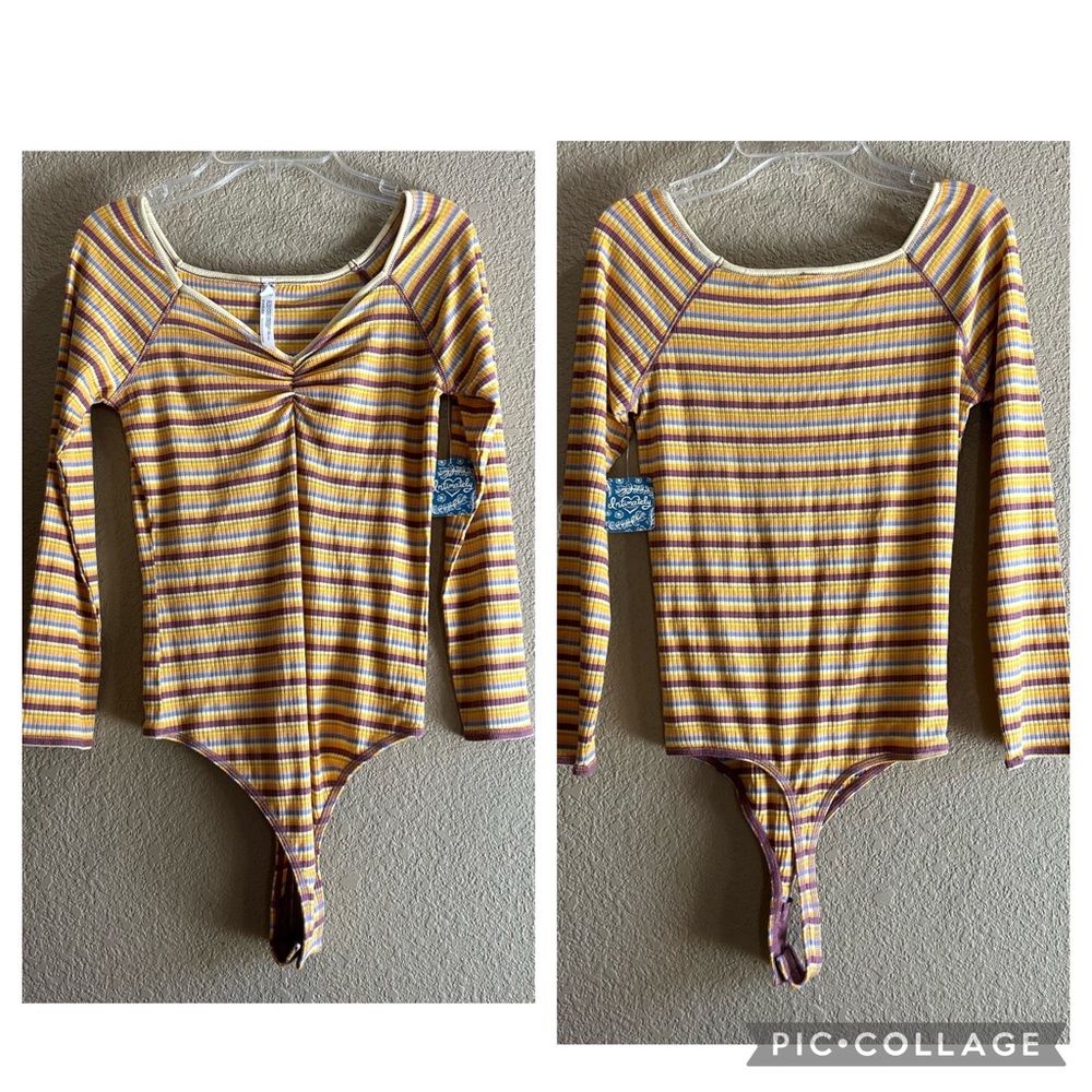 Free People Striped Yellow Sunset Striped Boat Neck Bodysuit Top Sz S Retro NEW